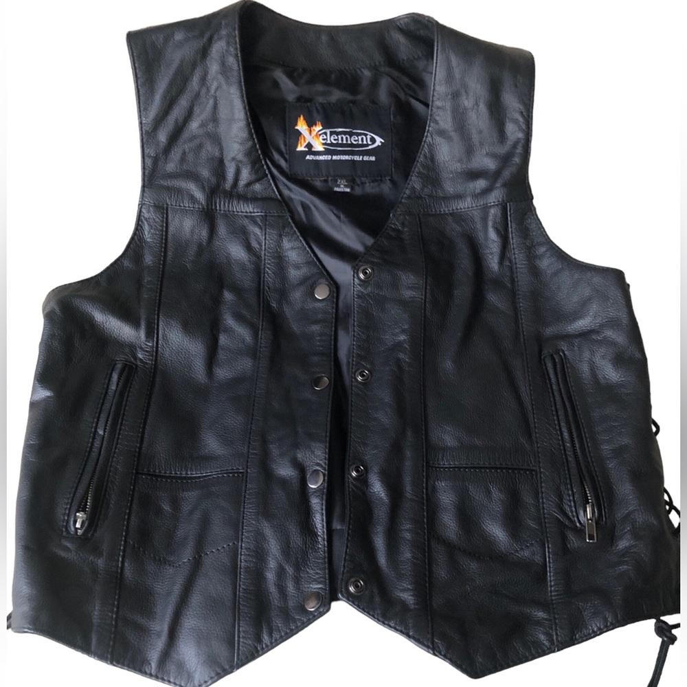 X Element Motorcycle Leather Vest XXL Black Packets Zipper Side Adjustable Laces